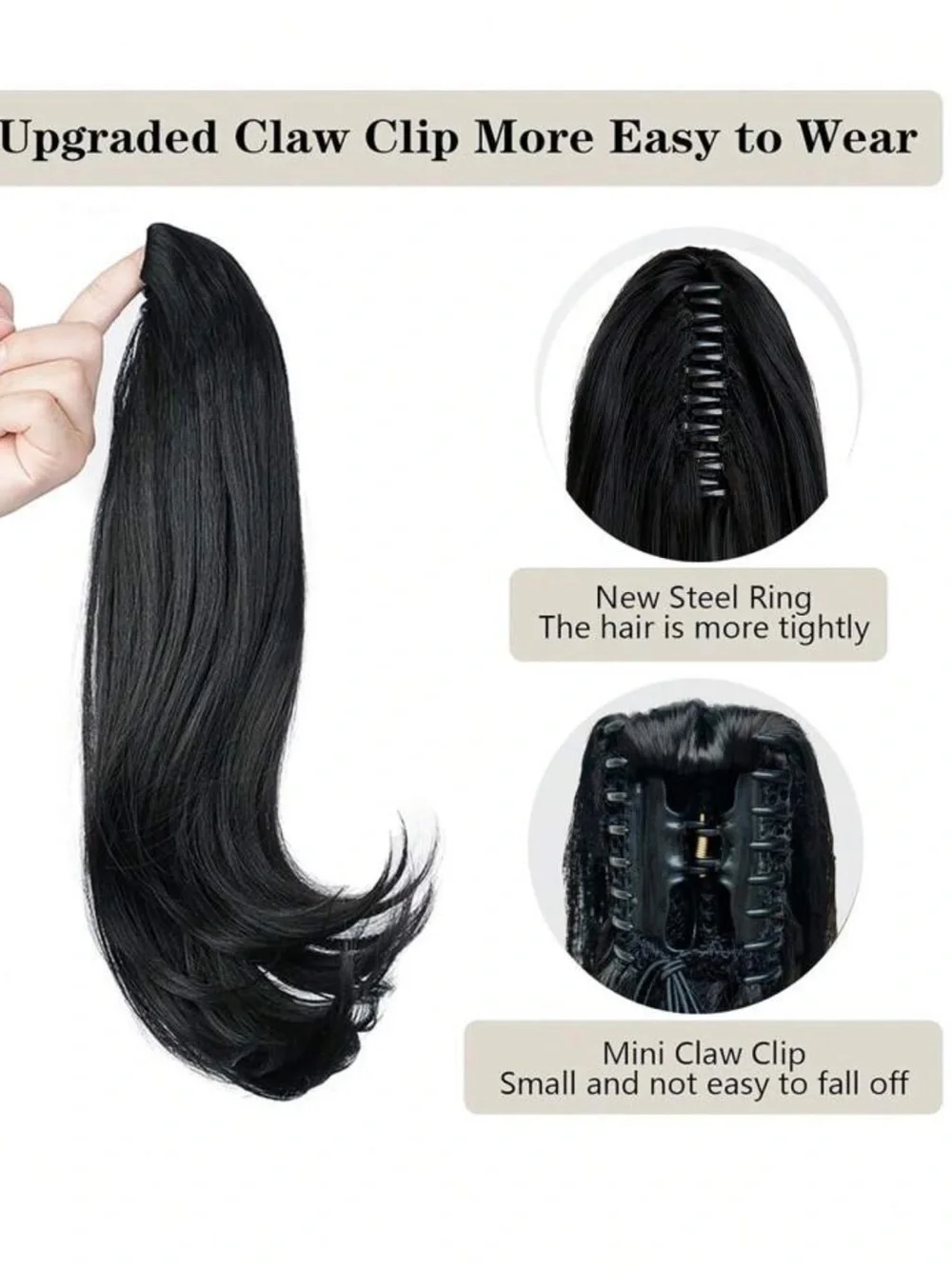 Women's Ponytail Hair Claw Clip-On Wig, Natural Straight Synthetic Fiber